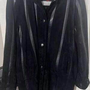 Vintage DM Women’s Size LARGE Black Suede & Leather Striped Long Coat